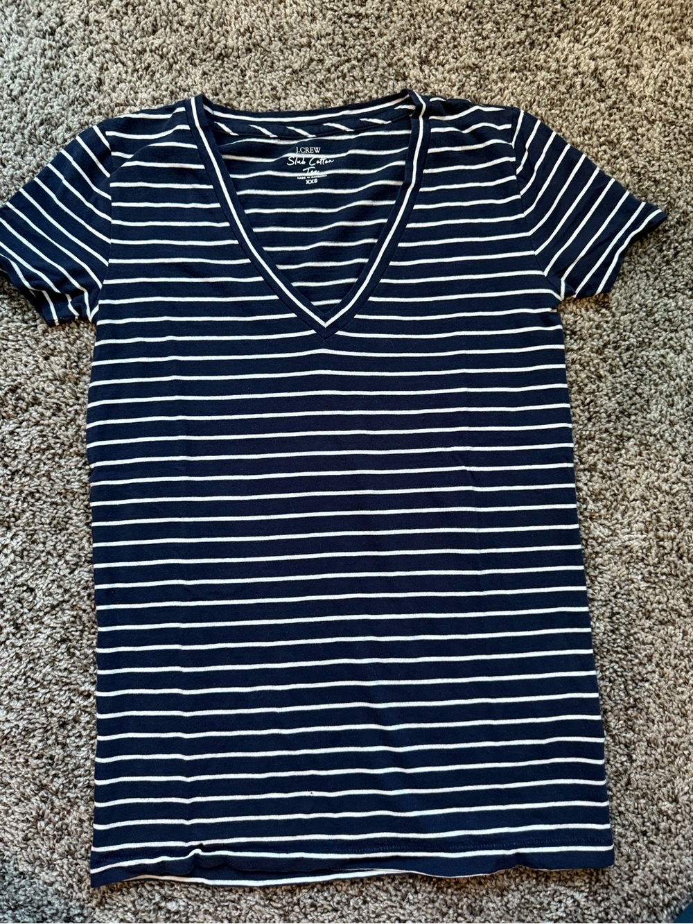 J. Crew Slub Cotton Navy and White Striped V-Neck Tee